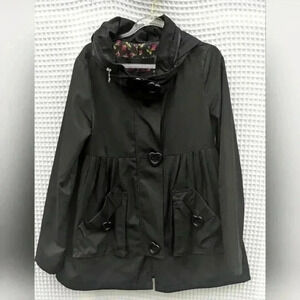 BETSY Johnson Women's Heart Buttons Black Trench Jacket With Hidden Hood Size XS